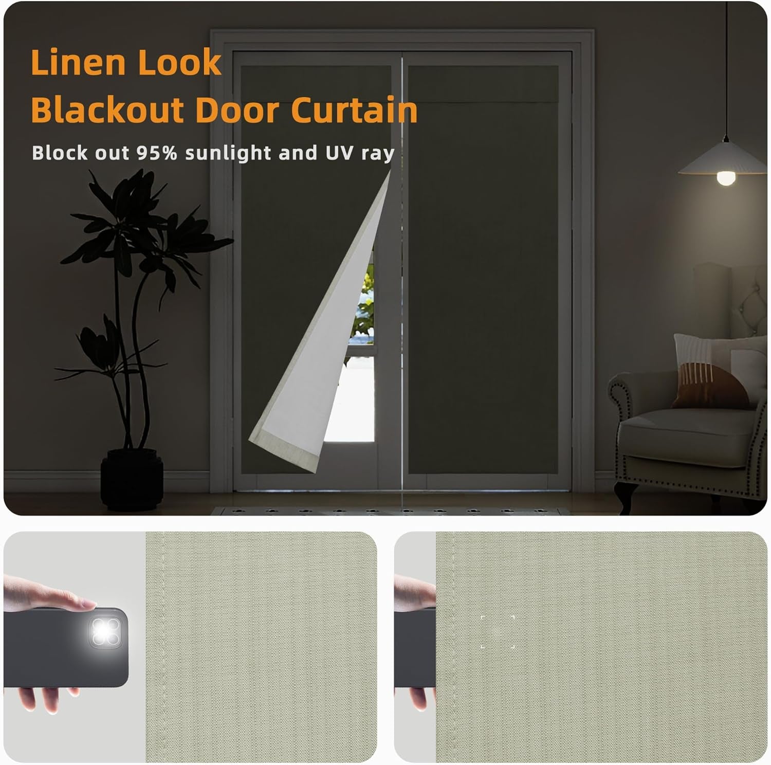 100% Blackout Door Curtains, Linen Look French Door Blind Window Covering, Thermal Insulated Privacy Tie up Front Door Curtains for Glass Door, 1 Panel, 26X68 Inch, Light Gray