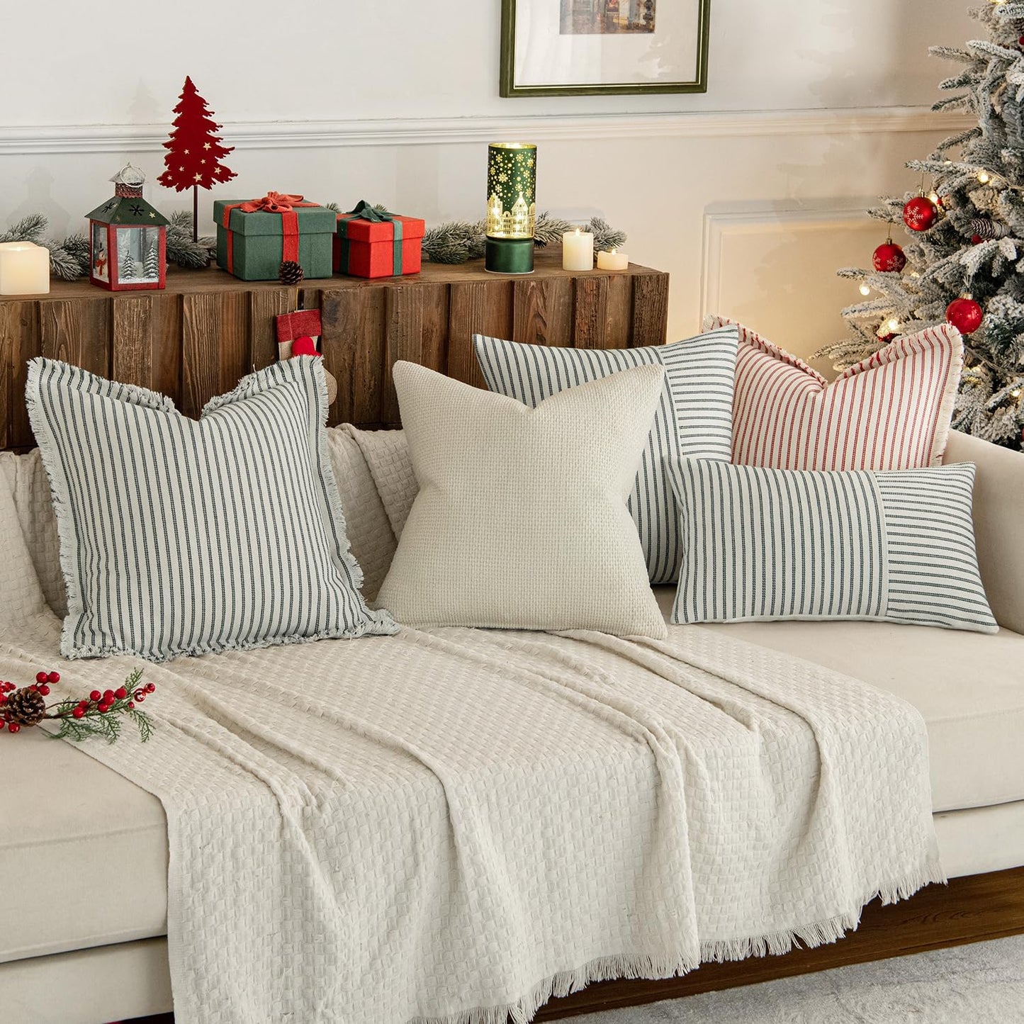 Dark Green Patchwork Farmhouse Pillow Covers 18X18 Inch, Pack of 2 Striped Linen Decorative Modern Accent Pillow Cases for Sofa Couch Bedroom