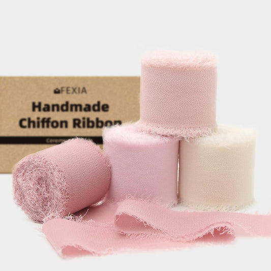 Pink Chiffon Ribbon 1.5" X 28Yd Pink & Cream Fringe Chiffon Wedding Silk Handmade Ribbon Set 7Yd X 4 Rolls for Bridal Bouquets Wedding Invitations DIY Decor Gift Wrapping & Bow Making