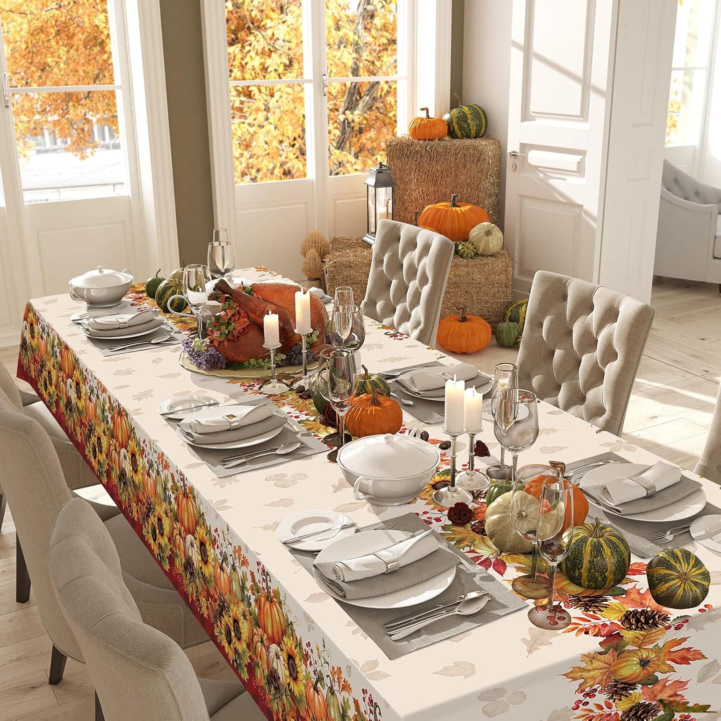 3 Pack 108X54 Inch Fall Tablecloths, Sunflower Pumpkin Tablecloth,Plastic Disposable Rectangle Table Cover for Autumn Harvest Thanksgiving Halloween Party Decorations