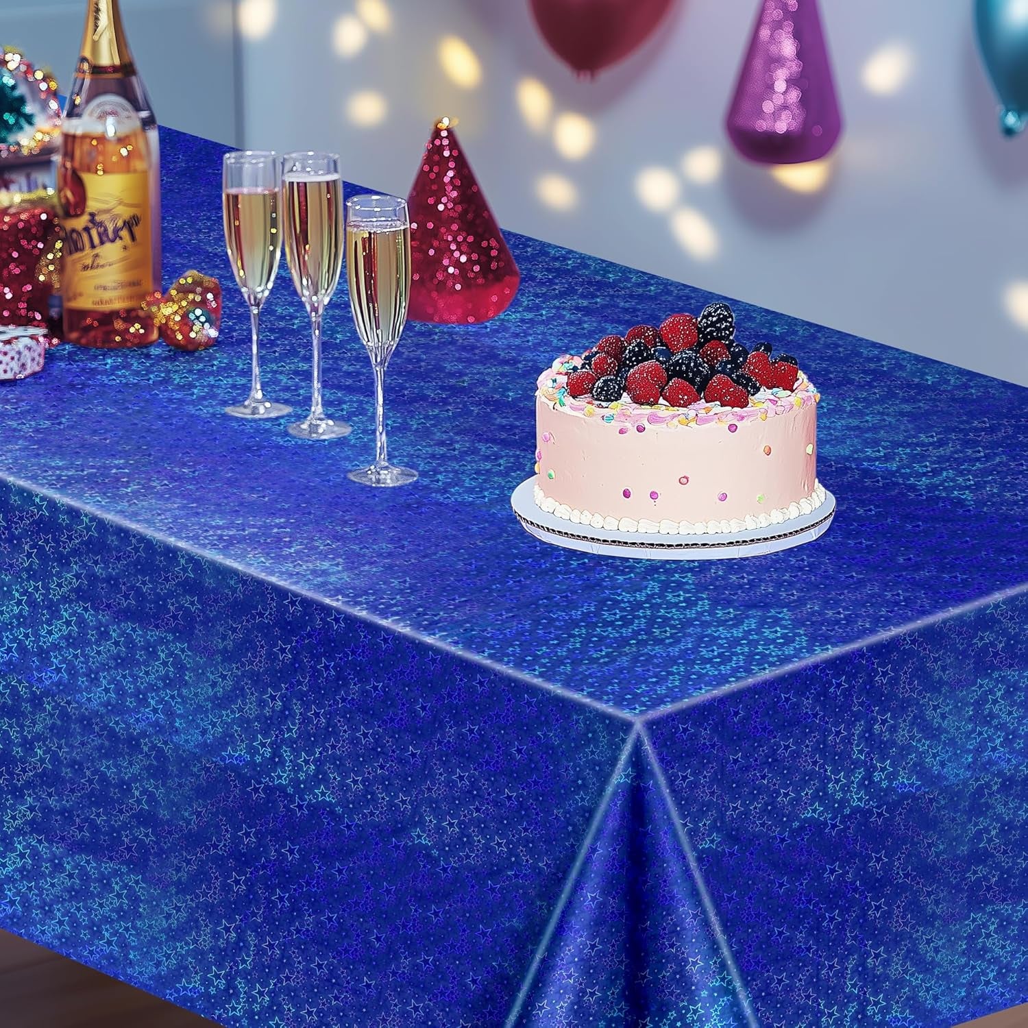 Set of 2 Royal Blue Holographic Laser Tablecloths with Sparkling Star Design, 54 x 72 Disposable Shiny Table Covers for Birthday Parties, Weddings, Anniversaries, and Bachelorette Celebrations