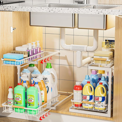 2 Pack under Sink Organizer and Storage, 2 Tier Pull Out Cabinet Organizer, Slide Out under Sink Storage Shelf, Undersink Organizers Shelves for Kitchen Bathroom Pantry Organization