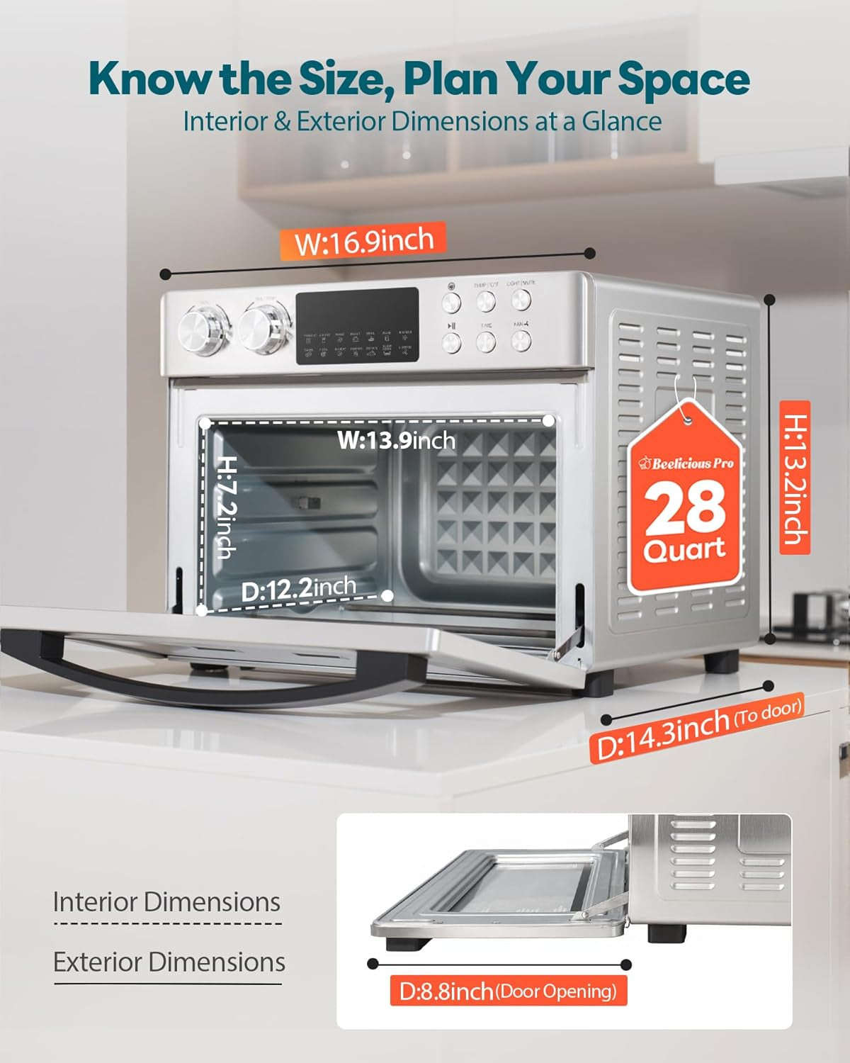 28QT Air Fryer Toaster Oven Combo, Large 12-In-1 Convection Countertop Oven with Next-Gen Heatwave Convection, 3-Layer Cooking, Rotisserie for Chicken, Fits 11" Pizza, Full Accessorie, Stainless Steel