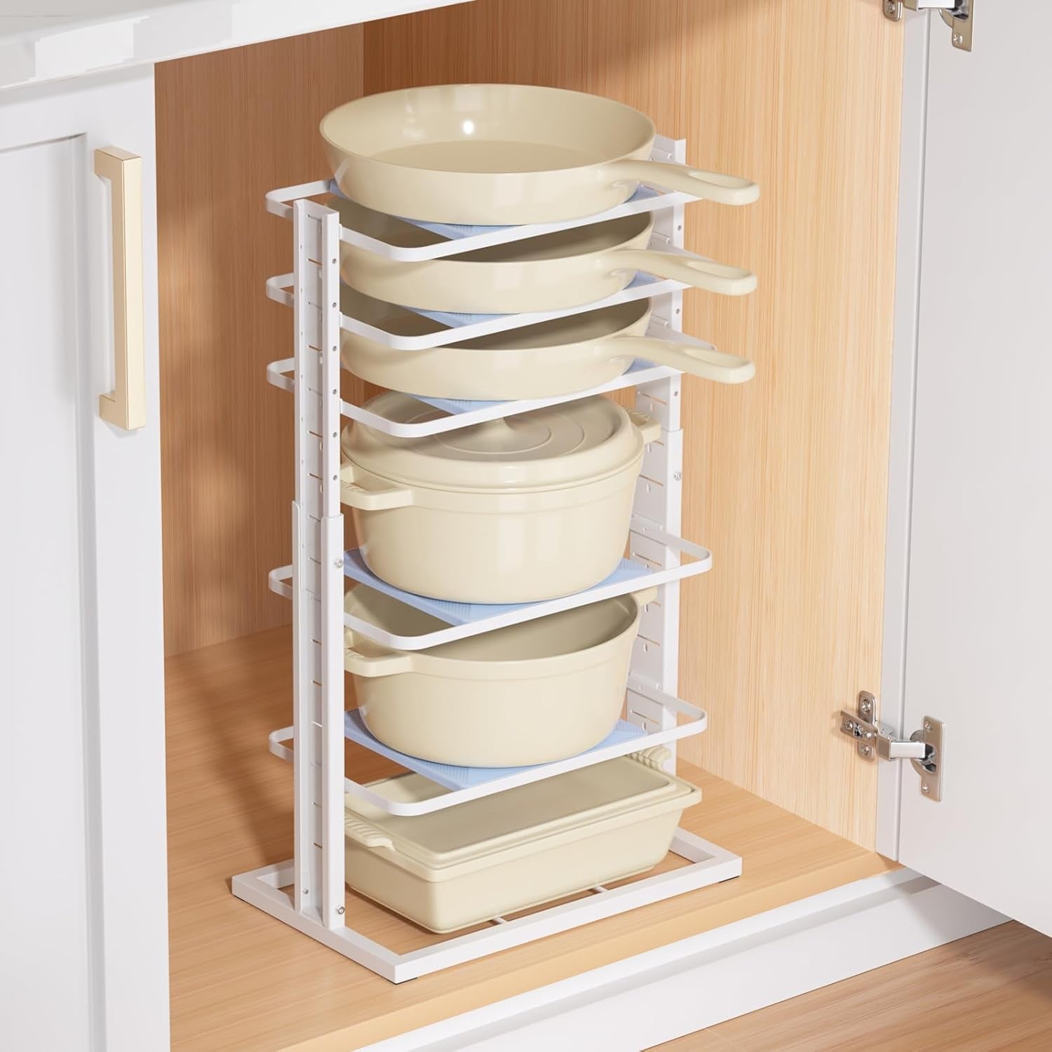 Pots and Pans Organizer for under Cabinet，6-Tier Heavy Duty Adjustable Pan Pot Organizers inside Cabinet, Pot Rack for Kitchen Cabinet Organization and Storage White