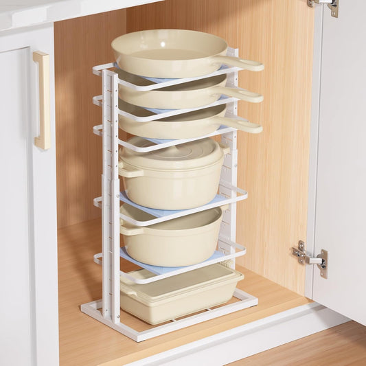 Pots and Pans Organizer for under Cabinet，6-Tier Heavy Duty Adjustable Pan Pot Organizers inside Cabinet, Pot Rack for Kitchen Cabinet Organization and Storage White