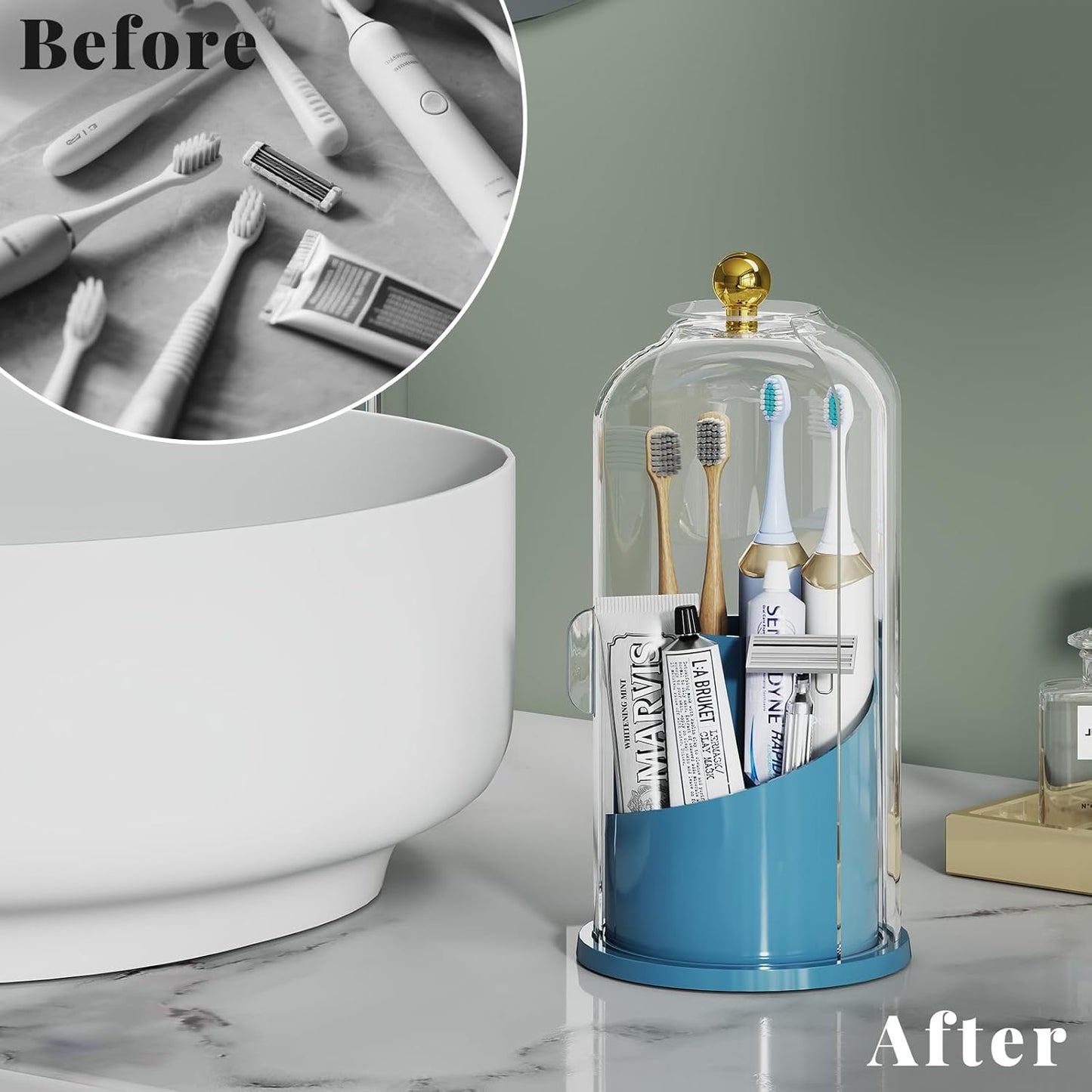 Toothbrush Holders with 360° Smooth Rotating Base, 3 Slots Bathroom Organizer Countertop with Sliding Lid, Brush Toothpaste Holder Makeup Brush Organizer for Vanity, Blue