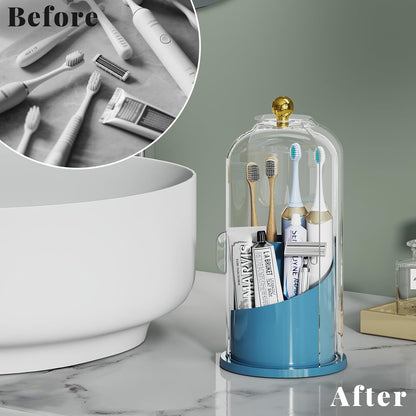 Toothbrush Holders with 360° Smooth Rotating Base, 3 Slots Bathroom Organizer Countertop with Sliding Lid, Brush Toothpaste Holder Makeup Brush Organizer for Vanity, Blue