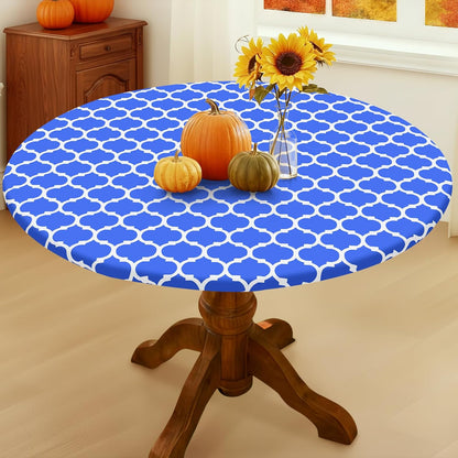 round Picnic Tablecloth, Waterproof Elastic Fitted Table Covers for 36" - 44" Tables, Wipeable Flannel Backed Vinyl Tablecloths for Camping, Indoor, Outdoor, Blue & White
