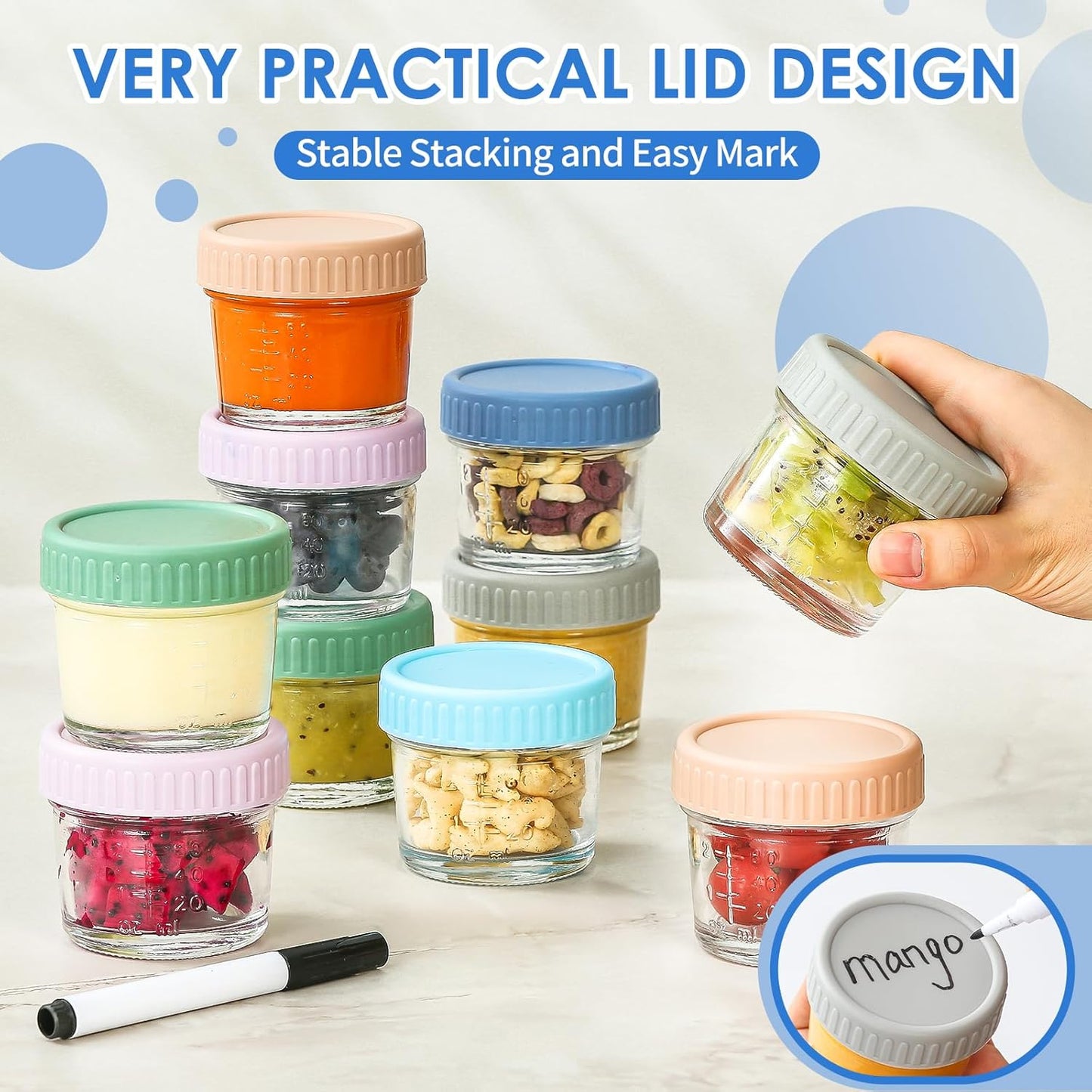 6-Pack Glass Baby Food Storage Containers - 4 oz Jars with Lids, Microwave and Dishwasher Safe, Freezer Safe, 100% Leak Proof, BPA Free, Reusable