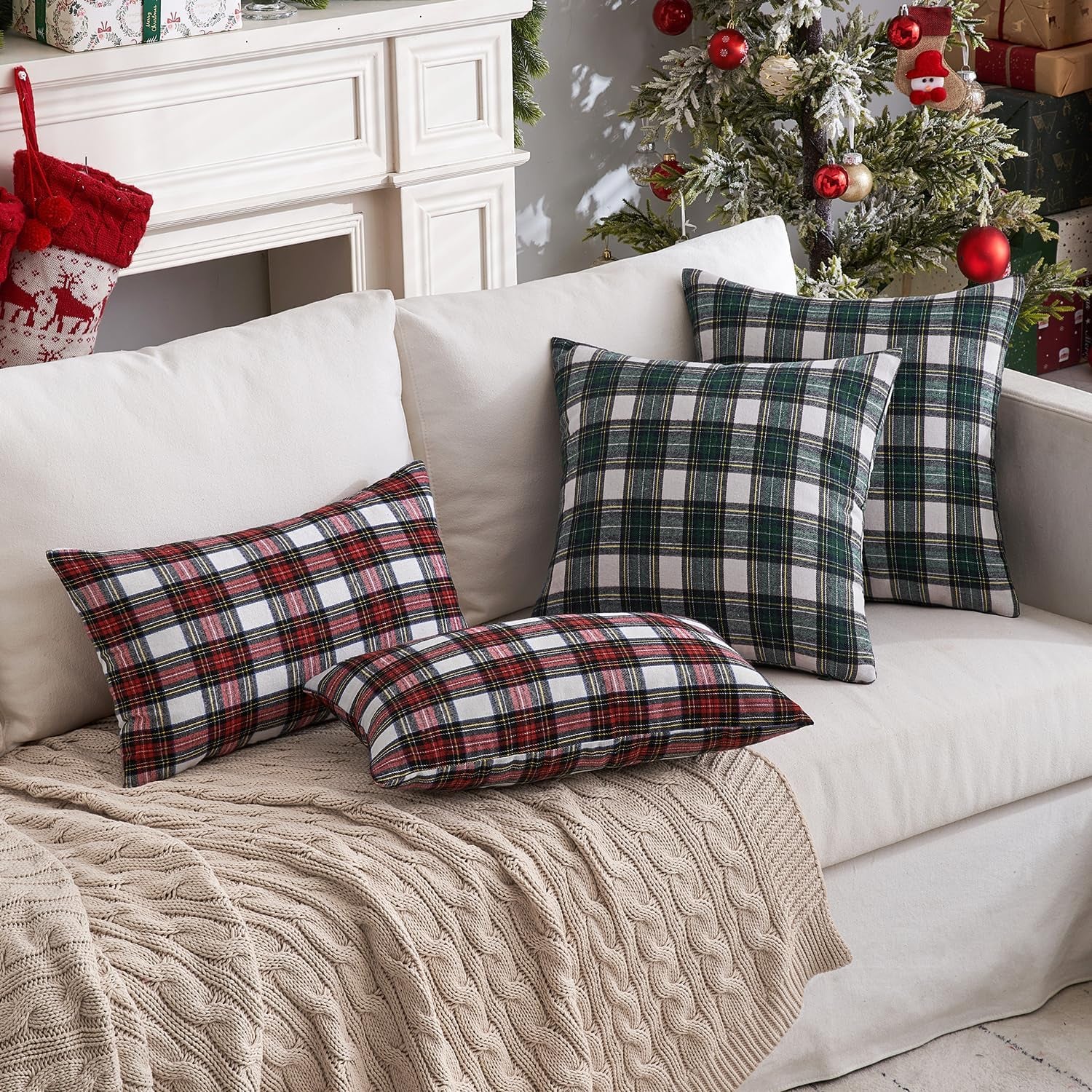 Christmas Set of 2 Scottish Tartan Plaid Throw Pillow Covers Farmhouse Classic Decorative Outdoor Square Cushion Cases for Decor Sofa Couch 18X18 Inch, Green and White