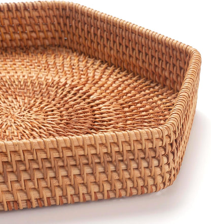 Hexagon Rattan Serving Tray for Coffee Table Woven Decorative Basket Trays for Ottoman Natural (9.8Inch X 2Inch)