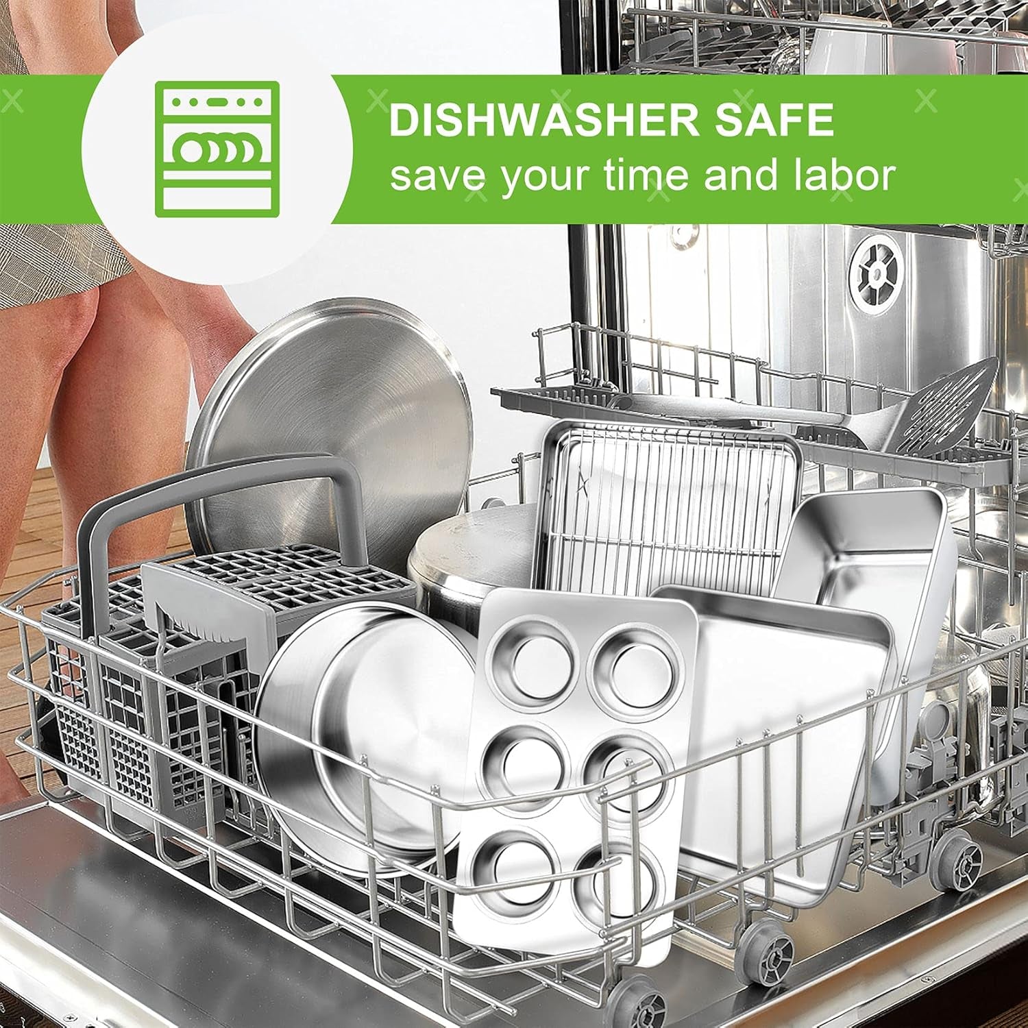 6-Piece Small Toaster Oven Pan Set, Stainless Steel Bakeware Set, Toaster Oven Tray with Rack, Square/Round Cake Pan, Loaf Pan & Muffin Pan, Non Toxic & Easy Clean