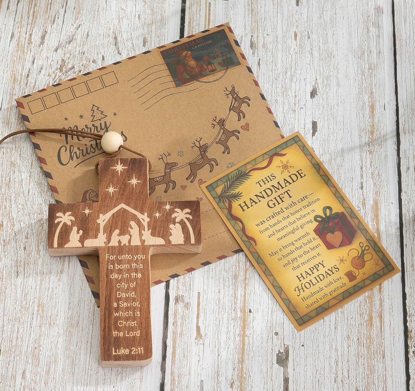 Christian Christmas Ornaments 2025, Engraved Natural Solid Wood Cross Ornament with Holy Scripture Luke 2:11, Nativity Ornaments, a Tradition Story Religious Gifts for Family, Friends, Coworker