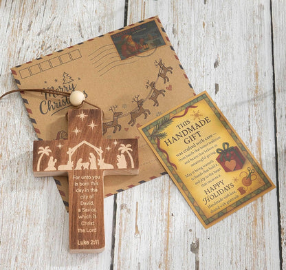 Christian Christmas Ornaments 2025, Engraved Natural Solid Wood Cross Ornament with Holy Scripture Luke 2:11, Nativity Ornaments, a Tradition Story Religious Gifts for Family, Friends, Coworker