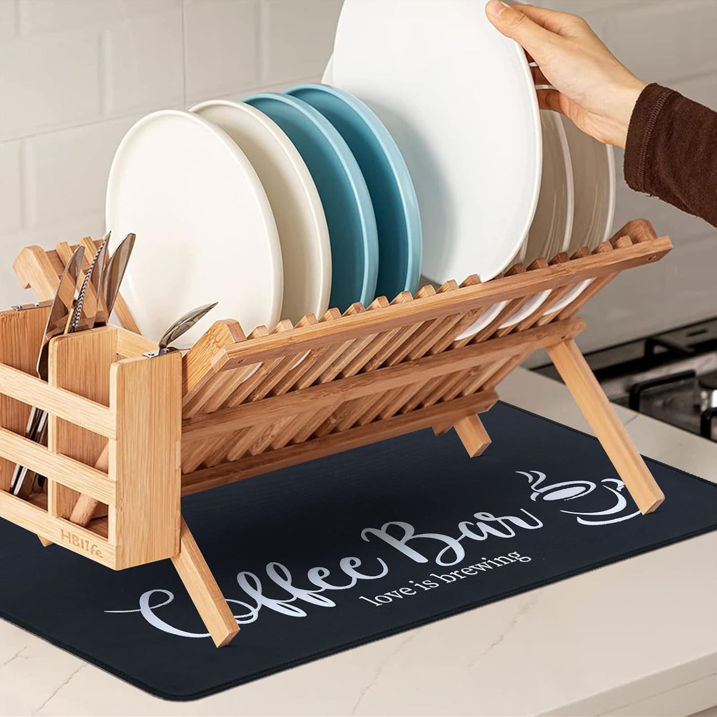 Coffee Mat 2-Pack 12X19 Inch Absorbent Non Slip Rubber Bar Accessories Coffee Maker Mat for Countertop Dish Drying Mat Heat Resistant, Black