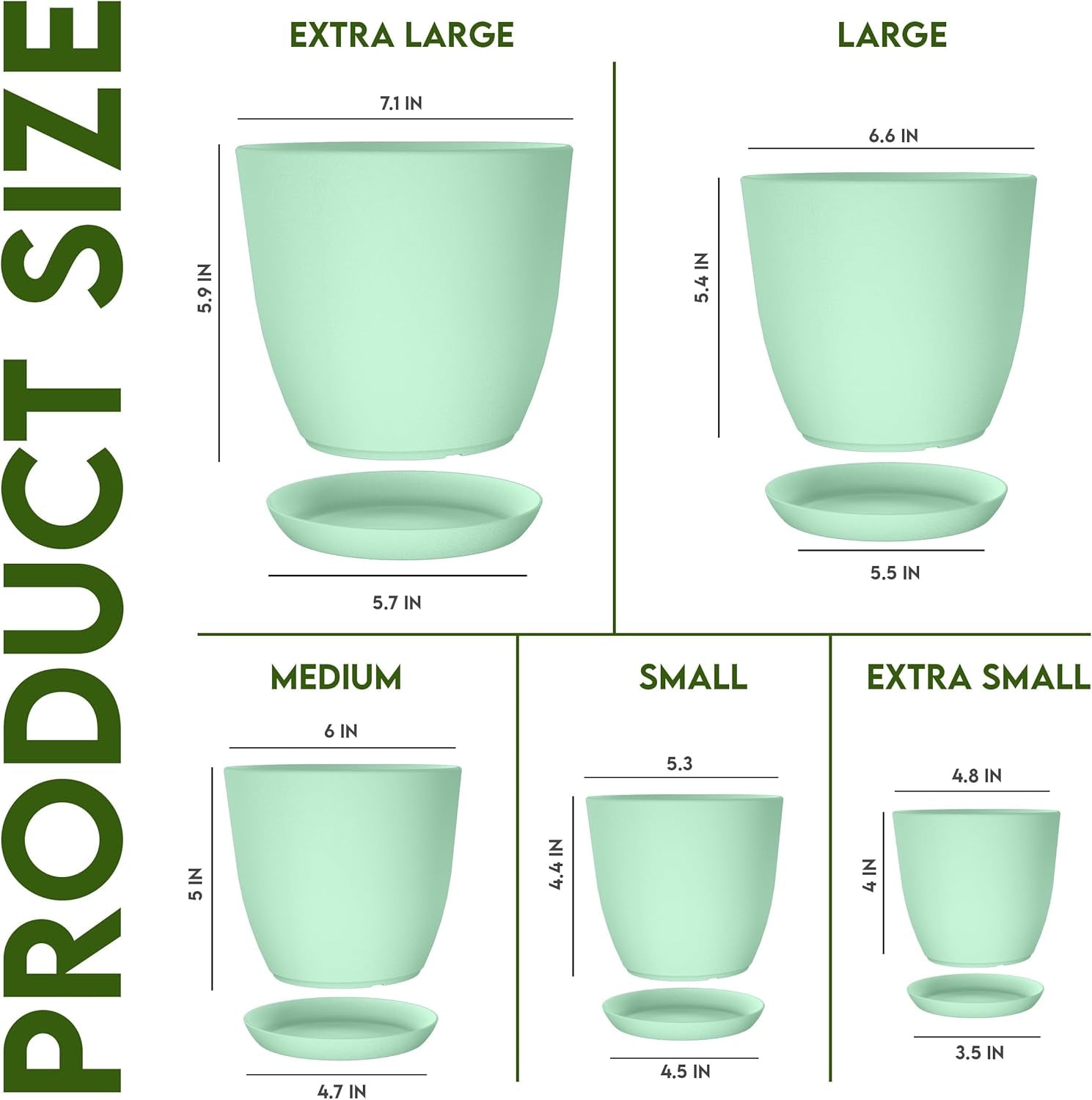 - Plant Pots Indoor with Drainage - 7/6.6/6/5.3/4.8 Inches Home Decor Flower Pots for Indoor Planter - Pack of 5 Plastic Planters for Indoor Plants, Cactus, Succulents Pot - Mint