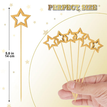 100PCS Gold Star Cocktail Picks, Decorative Fancy Toothpicks for Appetizers, 5.6 in Long Bamboo Skewers Wood Food Sticks for Drinks Fruit Garnish Holiday Party Supplies Charcuterie Boards Accessories