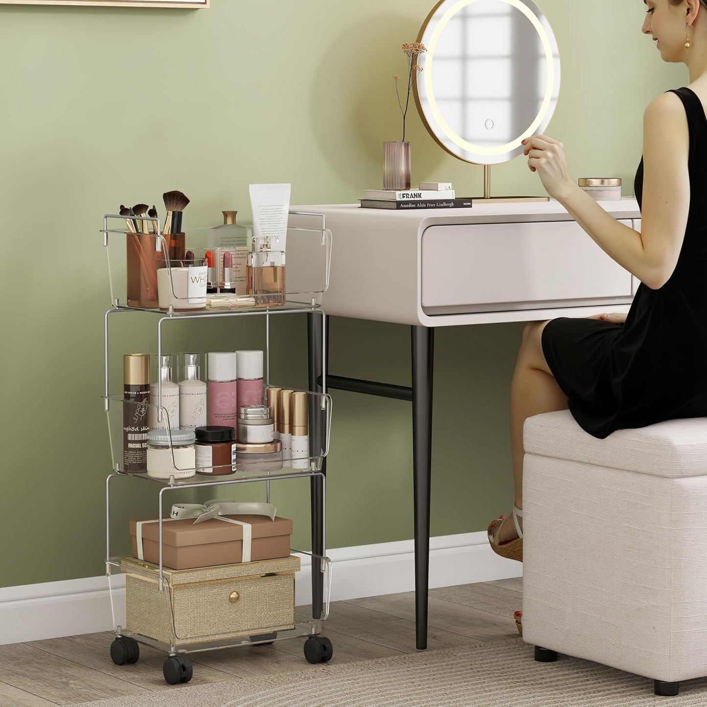 3 Tier Rolling Cart for Kitchen, Bathroom, Office – Acrylic Utility Storage Carts with 2 Lockable Wheels – Ideal for Small Spaces, Pantry, Classroom, Makeup Organizer, Dorm Storage, Clear