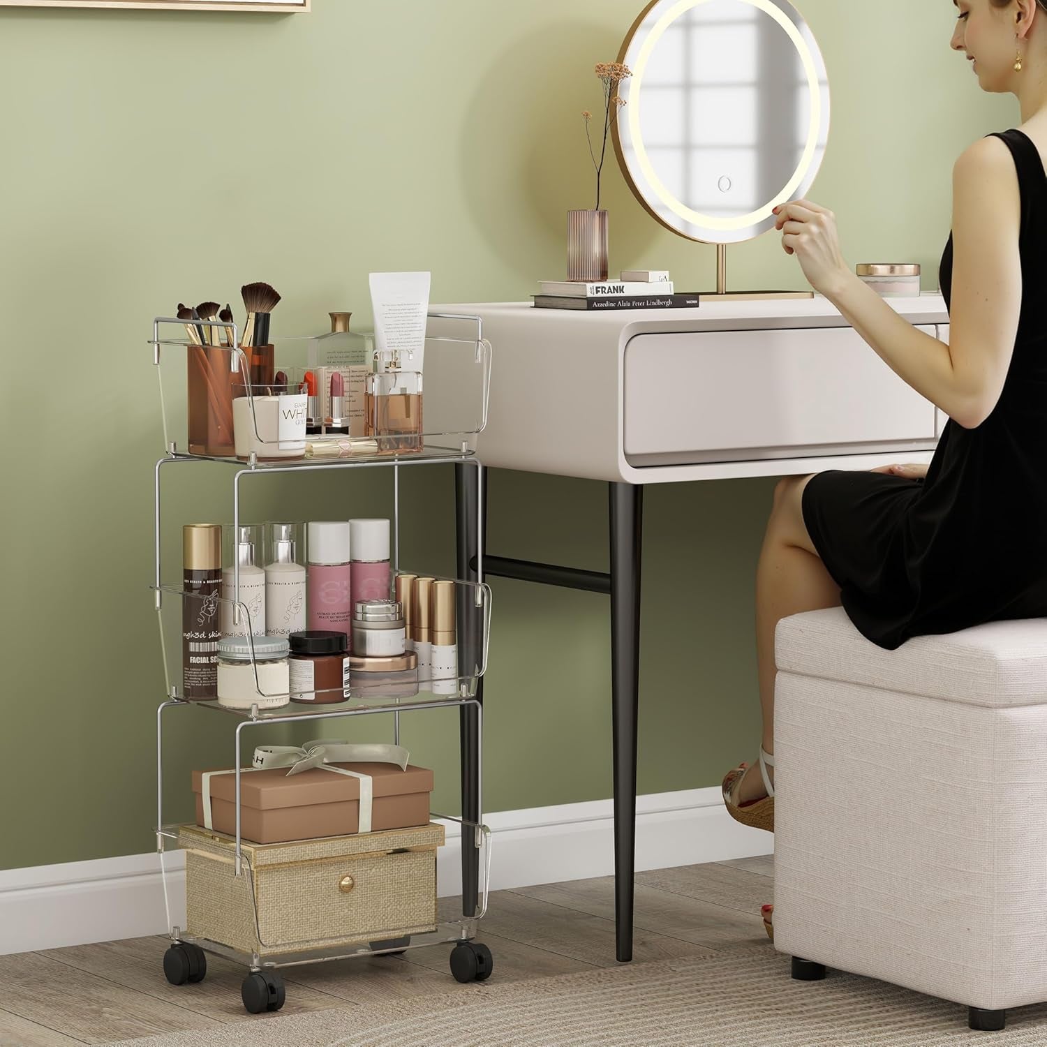 3 Tier Rolling Cart for Kitchen, Bathroom, Office – Acrylic Utility Storage Carts with 2 Lockable Wheels – Ideal for Small Spaces, Pantry, Classroom, Makeup Organizer, Dorm Storage, Clear