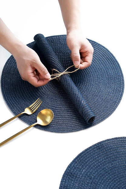 15-Inch Round Braided Placemats Set of 4, Washable Heat-Resistant Cotton-Polyester Circle Place Mats for Kitchen Dining Table - Navy Blue