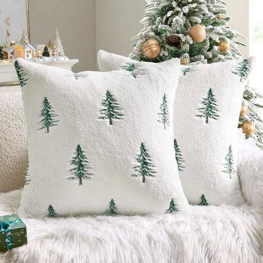 Christmas Decorative Pillow Covers Set of 2 Faux Fur Throw Pillows with Embroidered Christmas Tree 18X18 Inch White Green Winter Couch Covers for Festival Sofa Bedroom Living Room Home Decor