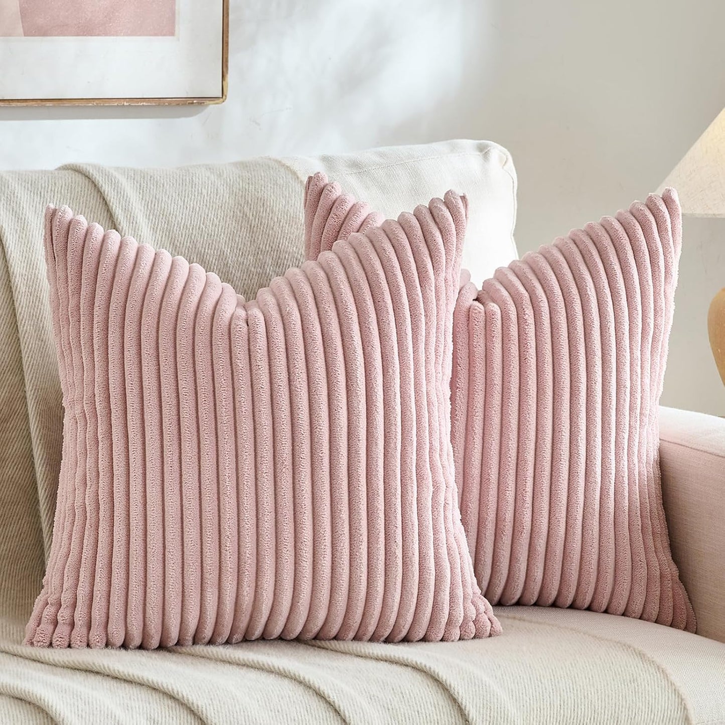 Set of 2 Blush Pink Boho Decorative Throw Pillow Covers 16X16 Inch for Couch Bed Sofa, Aesthetic Modern Bohemian Room Decor, Soft Fuzzy Fluffy Cozy Corduroy Textured Cushion Case 40X40Cm