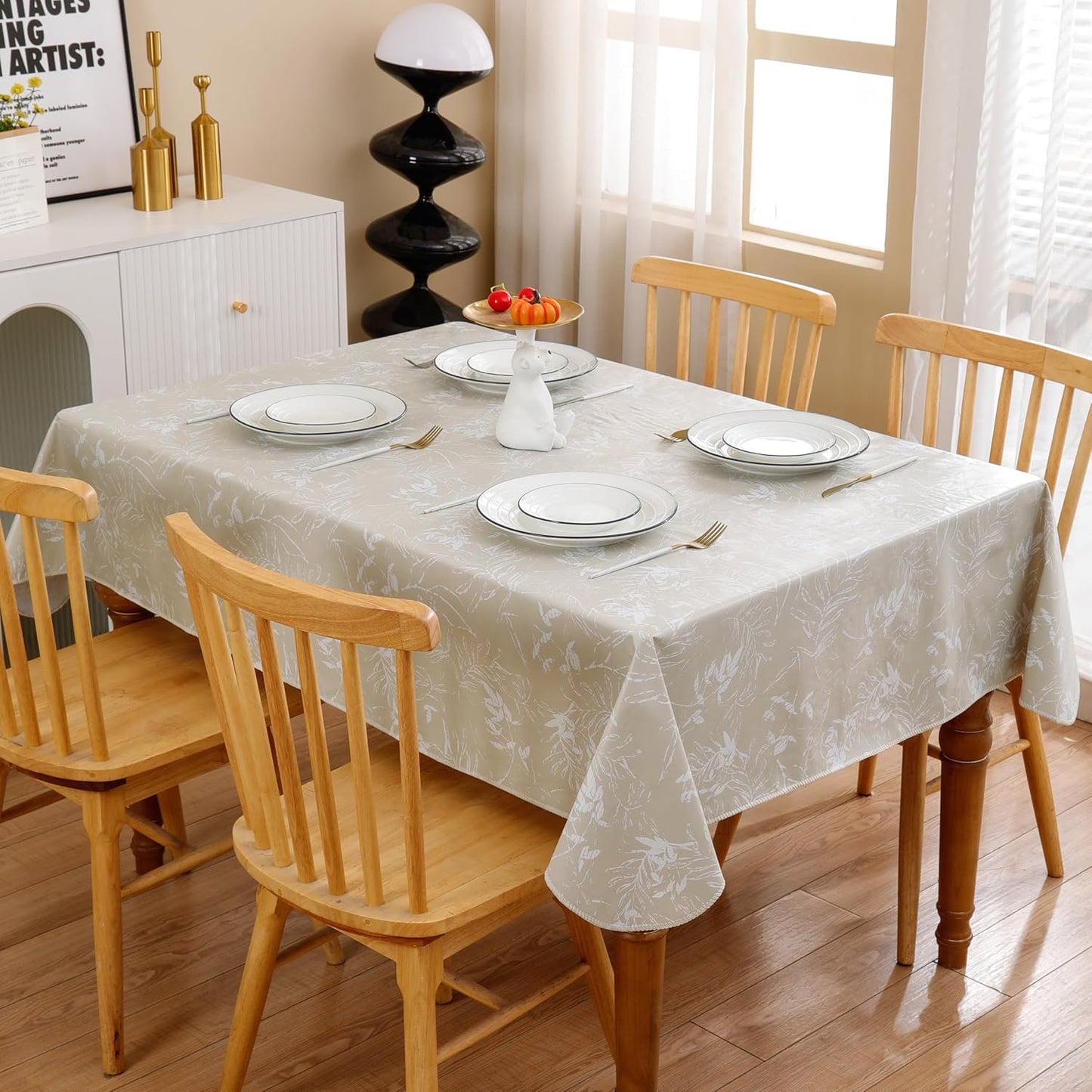 Heavy Duty Vinyl Tablecloth with Flannel Backing Waterproof Oil-Proof Plastic Table Cloth Stain-Resistant Wipeable Rectangle or Square Table Cover for Indoor and Outdoor (Beige Leaf,54X54 Inch)