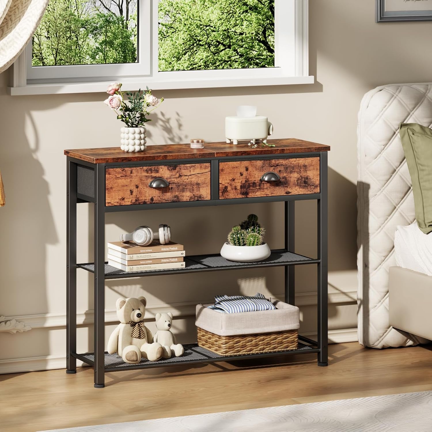 Console Sofa Table with Storage Shelf for Entry Way, Small 30'' Entryway Table with 2 Fabric Drawers, Industrial Display Shelves for Hallway, Entrance, Foyer, Rustic Brown