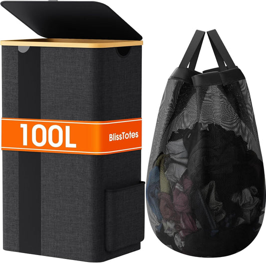 100L Laundry Basket with Lid, Removable Hamper and Handles, Breathable Design for Bedroom, Bathroom, Dorm, and Laundry Room - Dark Grey
