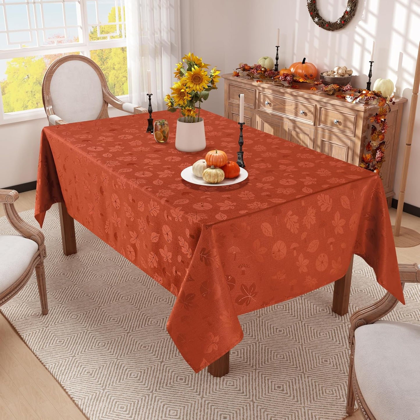 Rectangle Thanksgiving Tablecloth, Waterproof Jacquard Fall Table Cloth, Damask Cloth Table Cover for Harvest Decor (60" X 84", Rust Leaves Pattern)