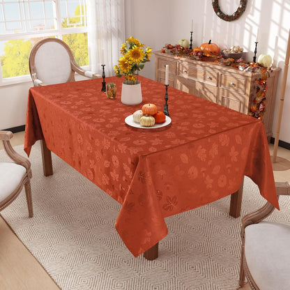 Rectangle Thanksgiving Tablecloth, Waterproof Jacquard Fall Table Cloth, Damask Cloth Table Cover for Harvest Decor (60" X 84", Rust Leaves Pattern)