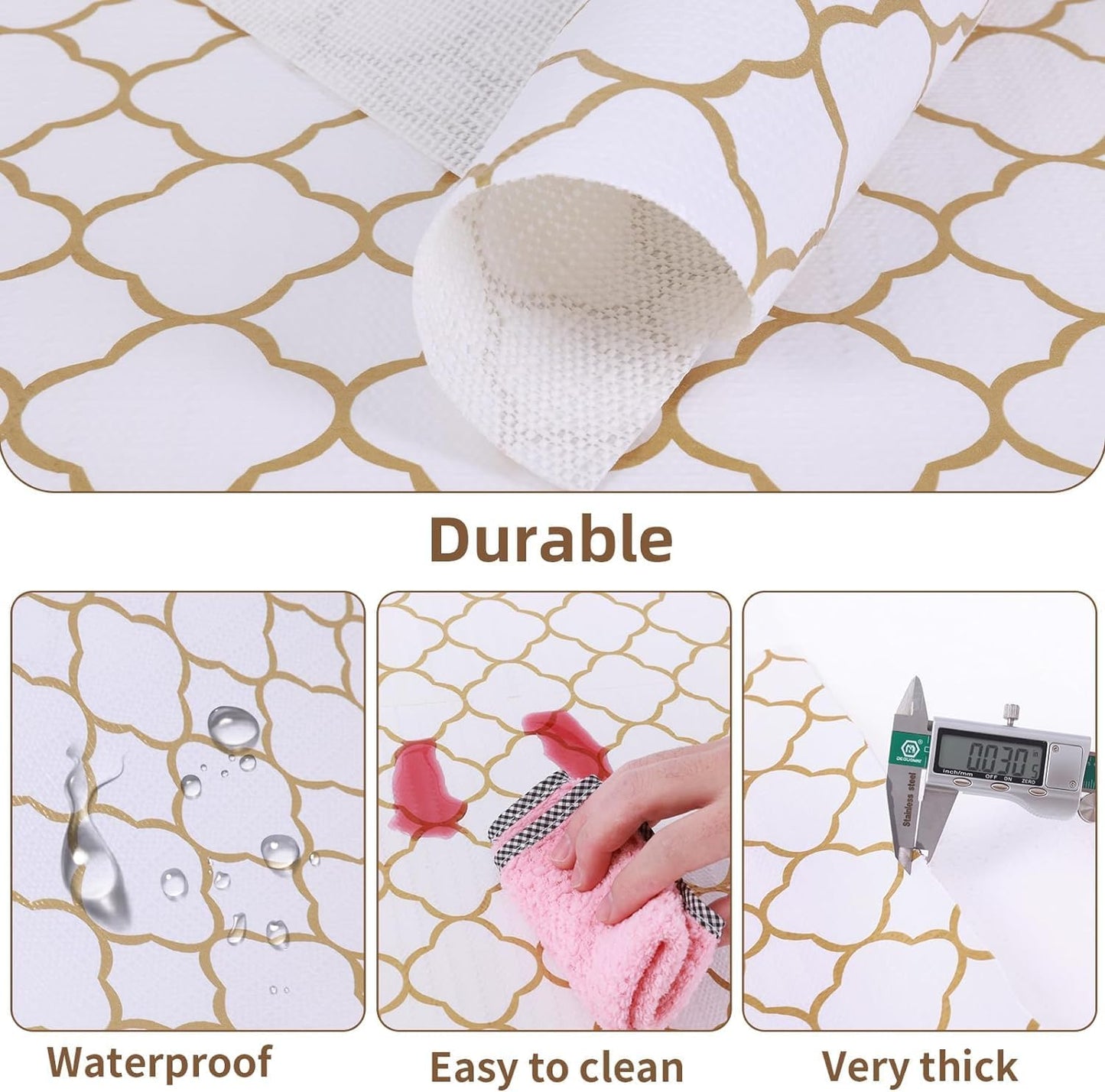 Shelf Drawer Liners for Kitchen Cabinets Non Adhesive Drawer Liner Thickened Refrigerator Liner Gold Quatrefoil Strong Non-Slip Paper for Tool Box with Knife and Tape Measure,11.8 X 118 Inches