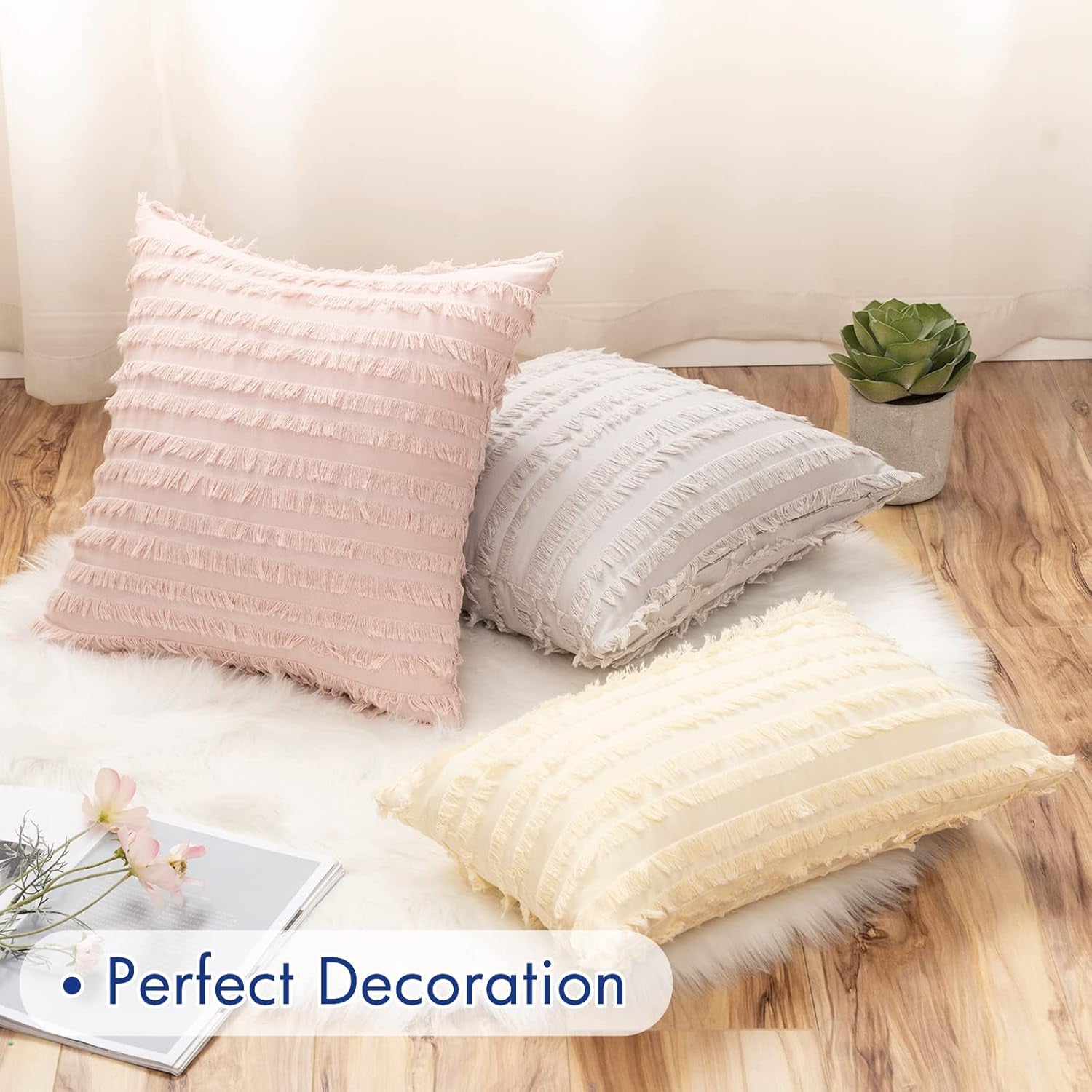 Set of 2 Decorative Boho Throw Pillow Covers Linen Striped Jacquard Pattern Cushion Covers for Decor Sofa Couch Living Room Bedroom 16X16 Inch Greyish White