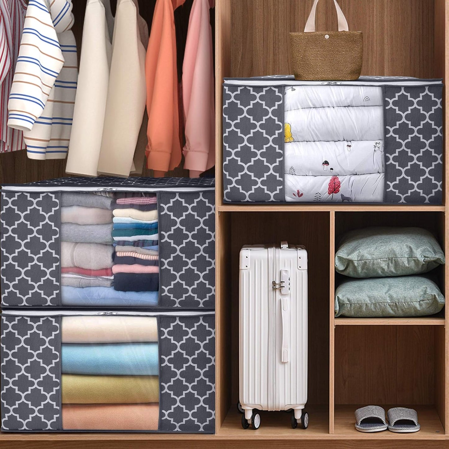 Storage Bags, Large Blanket Clothes Organization and Storage Containers for Bedding, Comforters, Foldable Organizer with Reinforced Handle, Clear Window,Sturdy Zippers,(Grey, 2 X 100L)