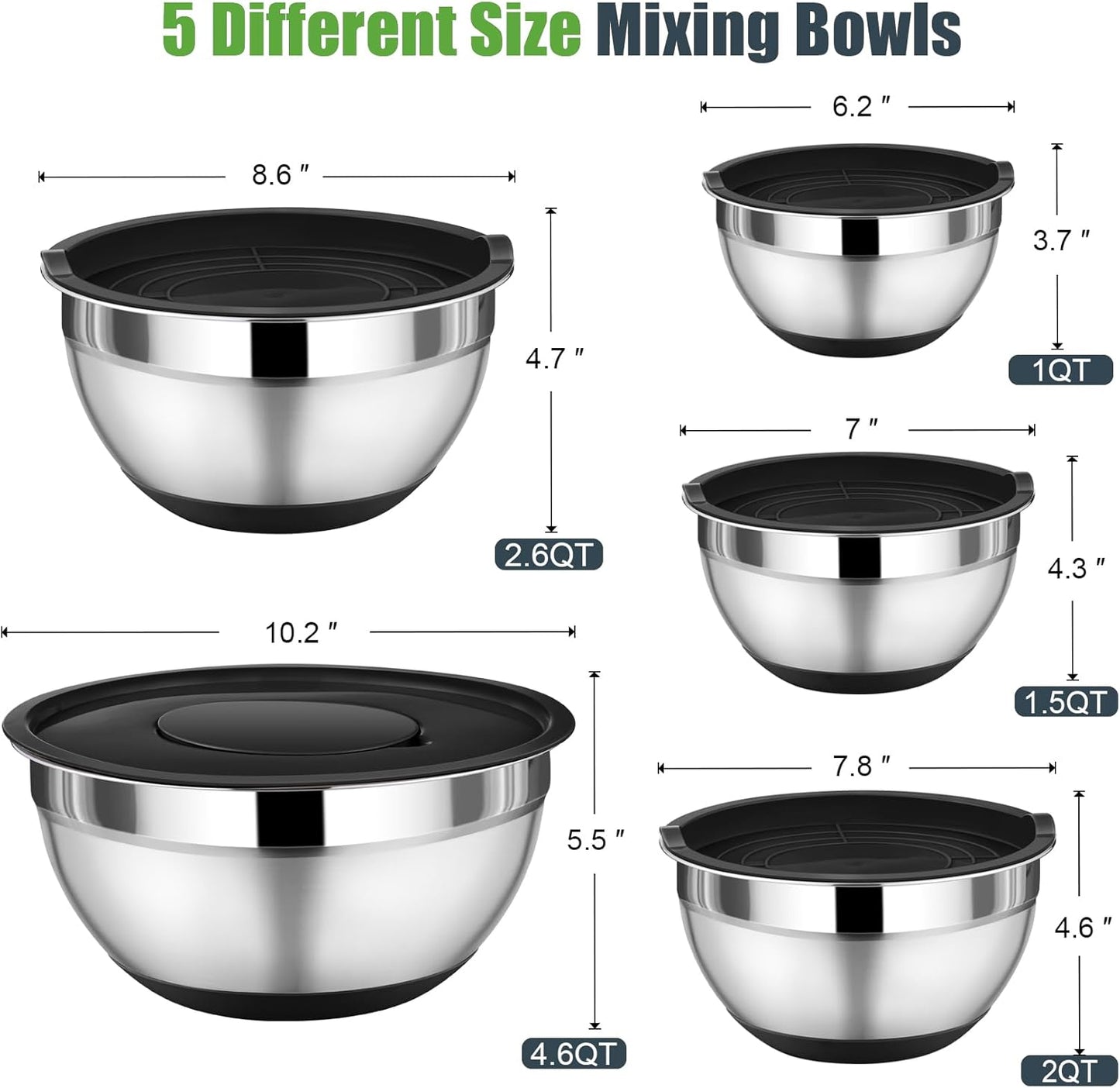 Mixing Bowl with Lid Set, 5 Piece Stainless Steel Mixing Nesting Bowls for Salad Storage, 3 Grater Attachments & Non-Slip Bottoms, Size 1/1.5/2 / 2.6/4.6 QT, Black