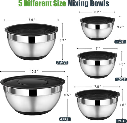 Mixing Bowl with Lid Set, 5 Piece Stainless Steel Mixing Nesting Bowls for Salad Storage, 3 Grater Attachments & Non-Slip Bottoms, Size 1/1.5/2 / 2.6/4.6 QT, Black