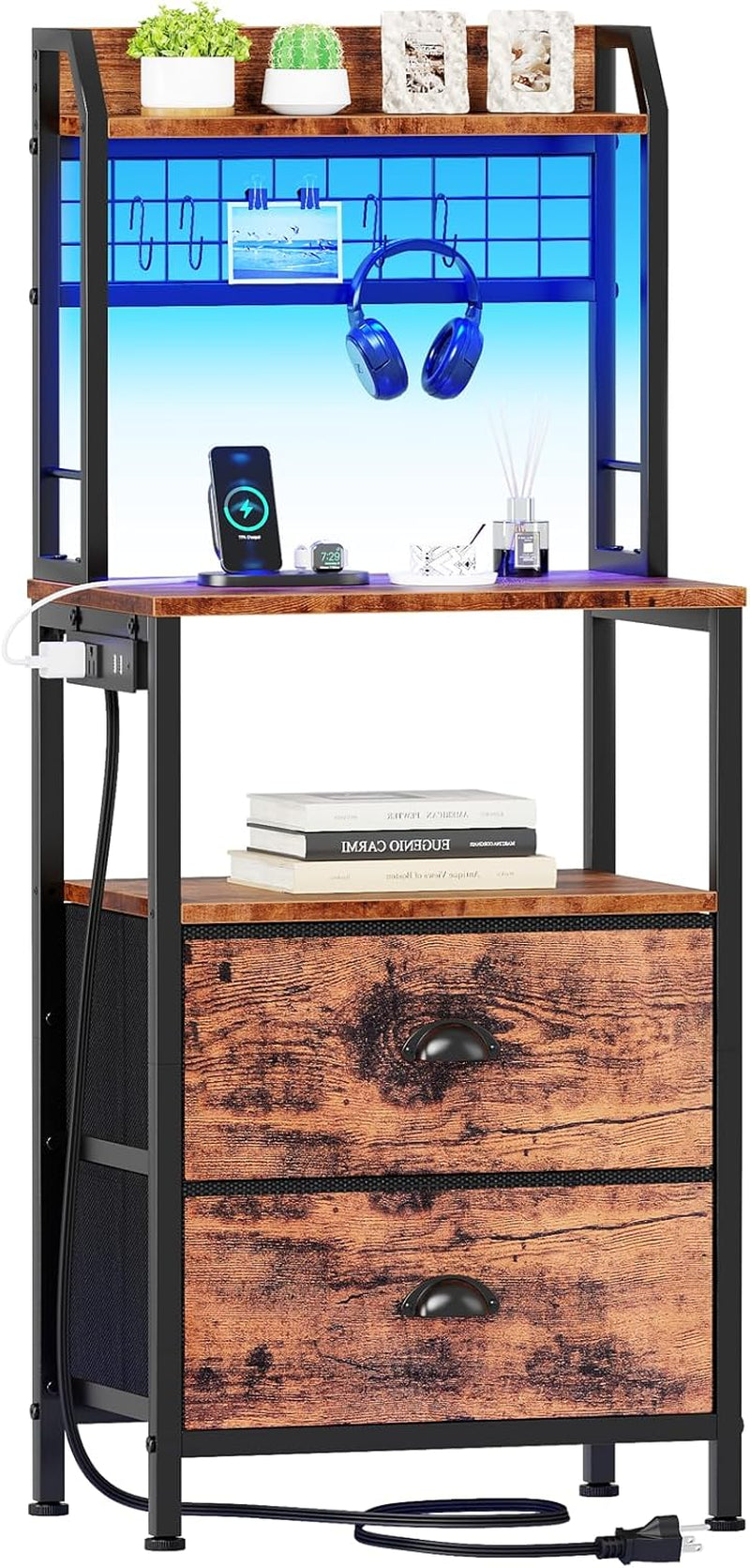 40'' Tall Nightstand with Charging Station, Bedside Table with LED Lights, End Table with 2 Drawers and Storage Shelves, Night Stand with Pegboard for Bedroom, Rustic Brown