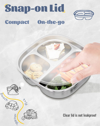 Stainless Steel Kids Plates, Divided Toddler Plate with Lids, 4 Pack 3 Sections Metal Snack Plate Tray, Non Toxic & BPA Free
