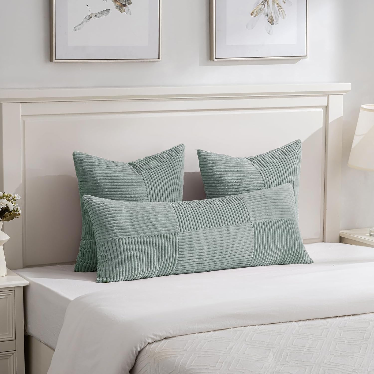 2 Packs Grey Blue Decorative Throw Pillow Covers 18X18 Inch for Couch Bed Sofa, Rustic Boho Farmhouse Home Decor, Soft Corss Corduroy Patchwork Textured Square Cushion Case 45X45 Cm