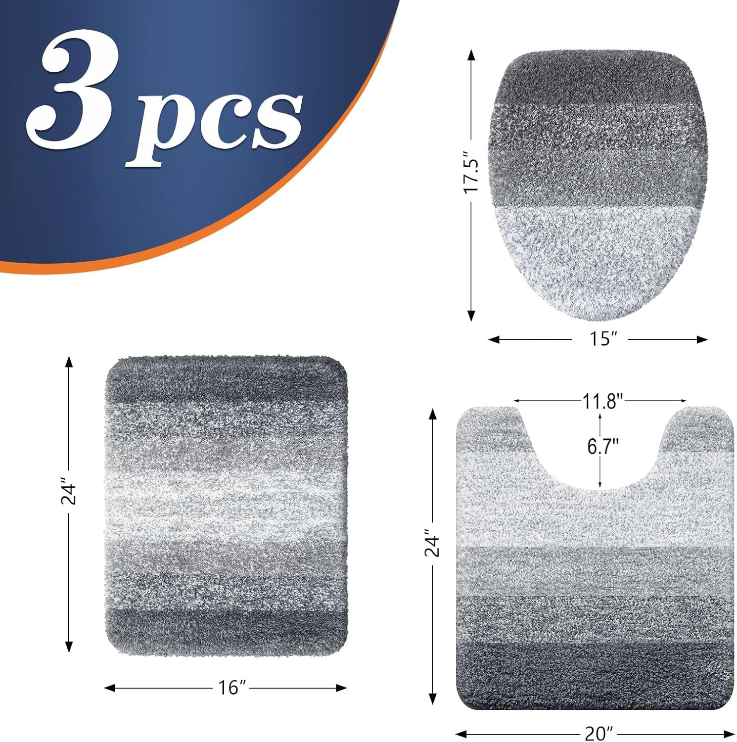 Bathroom Rugs Sets 3 Piece, Soft Microfiber Absorbent Bath Mat, U-Shaped Contour Toilet Mat and Toilet Lid Cover, Quick Dry, Machine Washable, Toilet Cover and Rug Set for Bathroom, Grey