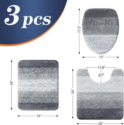 Bathroom Rugs Sets 3 Piece, Soft Microfiber Absorbent Bath Mat, U-Shaped Contour Toilet Mat and Toilet Lid Cover, Quick Dry, Machine Washable, Toilet Cover and Rug Set for Bathroom, Grey