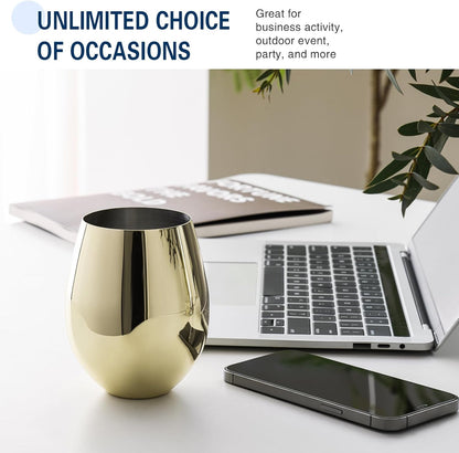 Gold Wine Glasses Set of 4, 18Oz Unbreakable Gold Goblet, Stemless Stainless Steel Wine Glass, Metal Wine Glass for Outdoor, Travel, Camping, Pool, Ideal Gift for Wine Lovers