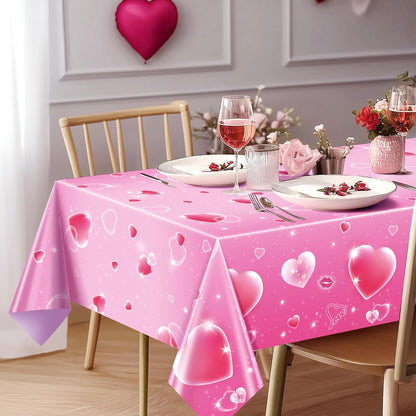 Set of 2 Pink Plastic Tablecloths, 54x108 inches with Dreamy Pink Hearts - Disposable Waterproof Decorations for Galentine's Day, Romantic Weddings, Anniversaries, and Engagements