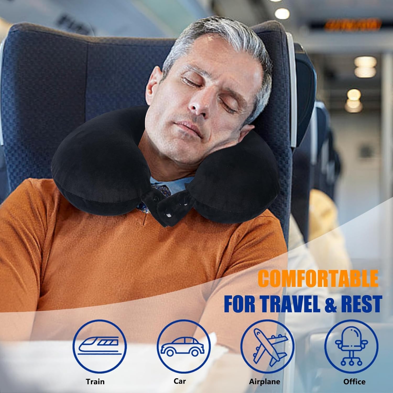 Travel Pillow 100% Pure Memory Foam Travel Neck Pillow, Airplane Pillow for Traveling、Car、Home、Office，Washable Cover（Black）
