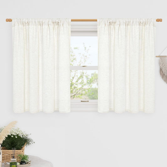 Short Linen Curtains 36 Inch Length for Cafe, Ivory Semi Sheer Small Kitchen Window Curtains over Sink, Light Filtering Rod Pocket Drapes for Rv/Half Window, 2 Panels, 42 X 36 Inch