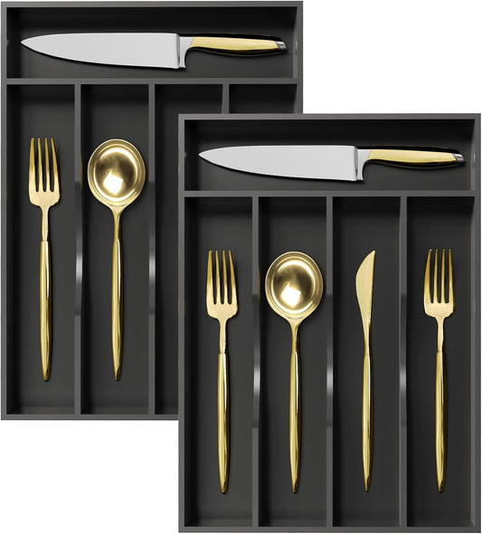 2 Pack Black Silverware Organizer 10 in Utensil Organizer Silverware Tray for Drawer Cutlery Flatware Organizer for Kitchen Bamboo Wood