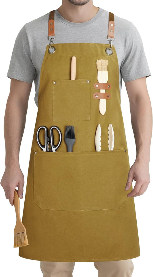Chef Apron for Men Women with Pockets, Cotton Canvas Adjustable Work Apron Heavy Duty