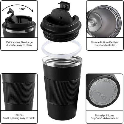 Insulated Travel Coffee Mug, Spill & Leak Proof, Portable to Go Camping Stainless Steel Coffee Tumbler, Reusable Thermal Coffee Cup with Lid for Hot & Cold Drinks (Black, 12 OZ)