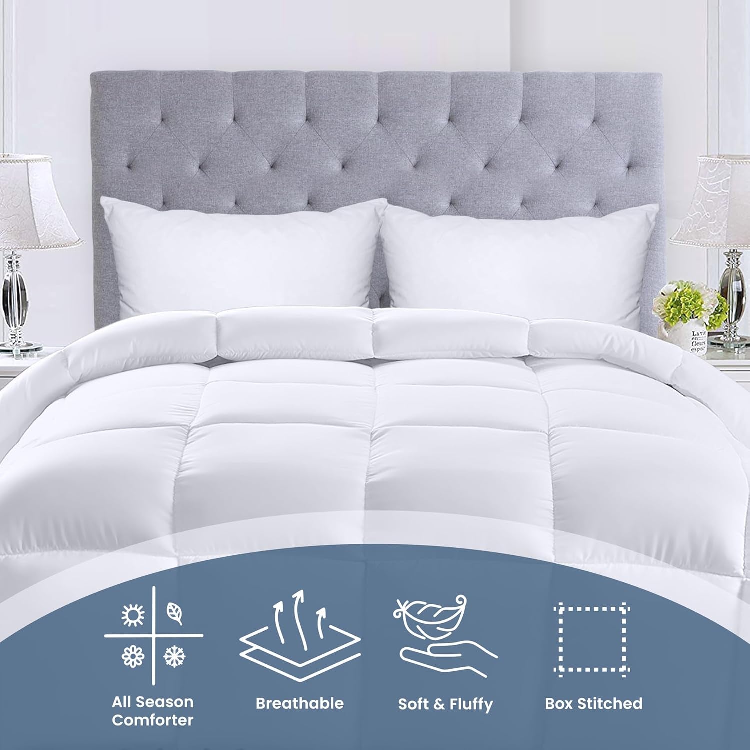 Comforters Queen Size, All Season Duvet Insert, down Alternative Box Stitched Bed Comforter with Corner Tabs, Machine Washable (White)