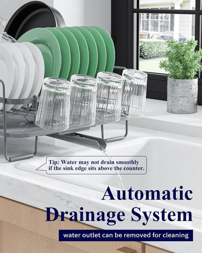 Extendable Dish Drying Rack, Large Drying Dish Rack with Cutlery & Cup Holders, Multifunctional Dish Racks for Counter with Drainage, 18.2"-25.7" L X 12.9" W, Grey